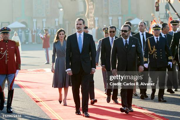 Queen Letizia of Spain, King Felipe VI of Spain, Prince Moulay Rachid of Morocco and King Mohammed VI of Morocco arrive for a welcoming ceremony at...