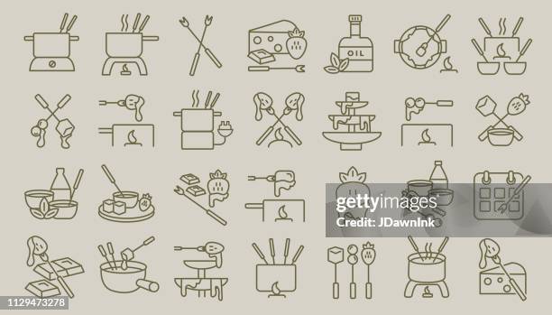 fondue flat simple outline line art design icon set - fondue stock illustrations