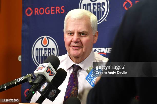 Ken Hitchcock of the Edmonton Oilers speaks to the media prior to the game against the Toronto Maple Leafs on March 9, 2019 at Rogers Place in...