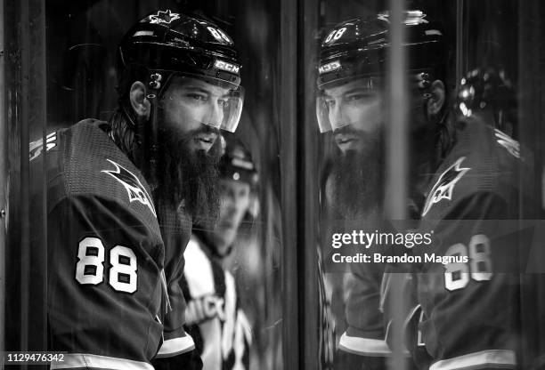 Brent Burns prepares to enter the ice against the St Louis Blues at SAP Center on March 9, 2019 in San Jose, California