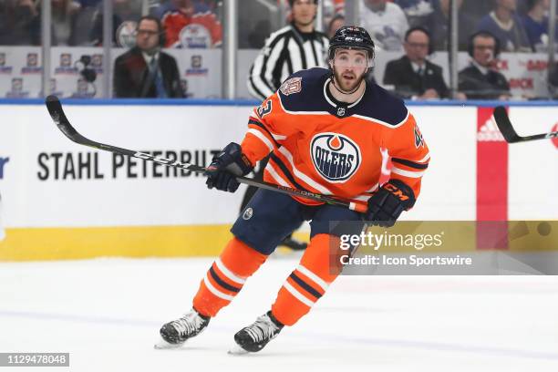 Edmonton Oilers Right Wing Josh Currie in action in the first period during the Edmonton Oilers game versus the Toronto Maple Leafs on March 9, 2019...