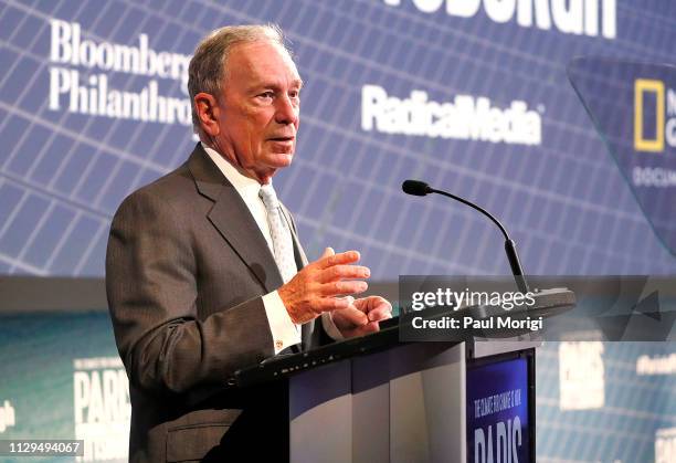 Michael Bloomberg speaks at the "Paris to Pittsburgh" film screening hosted by Bloomberg Philanthropies and National Geographic at National...