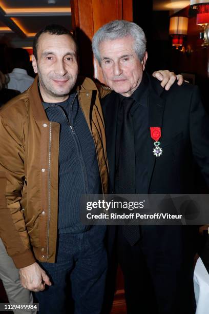 Zinedine Soualem and Claude Lelouch attend Claude Lelouch receives the Insignia of Officer of the Legion of Honor at "Club 13" on February 13, 2019...