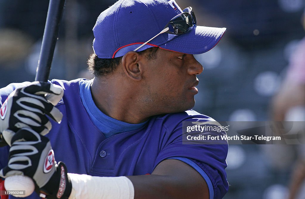 Sammy Sosa takes batting practice at the Texas Rangers' spring training facility in Surprise, Arizona, on Saturday, February 24, 2007.