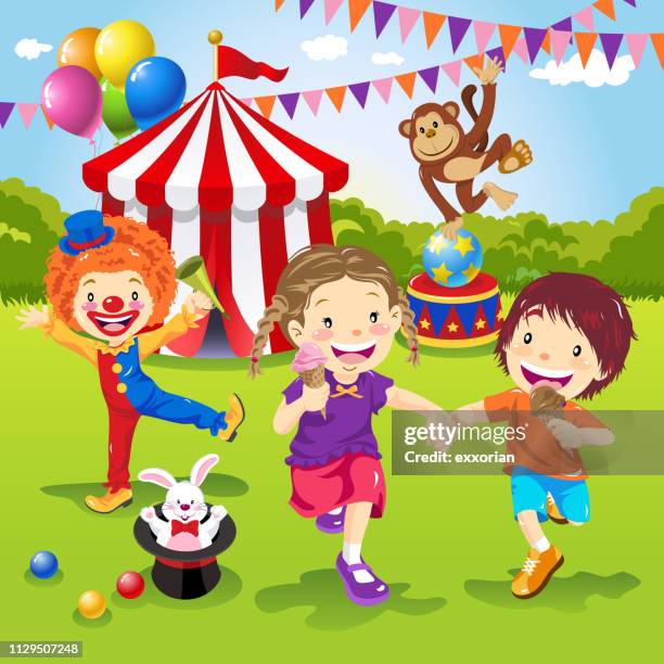 kids enjoying circus entertainment - girl laughing stock illustrations