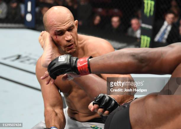 Derrick Lewis kicks Junior Dos Santos of Brazil in their heavyweight bout during the UFC Fight Night event at Intrust Bank Arena on March 9, 2019 in...