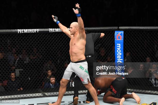 Junior Dos Santos of Brazil reacts after defeating Derrick Lewis in their heavyweight bout during the UFC Fight Night event at Intrust Bank Arena on...