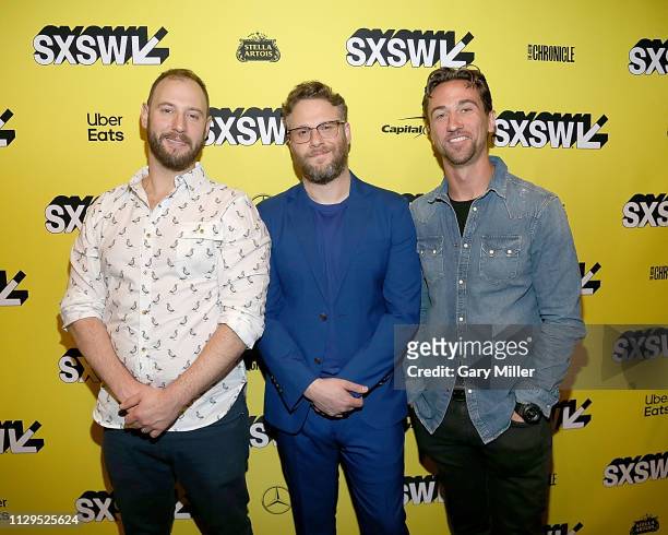 Producer Evan Goldberg, Seth Rogen and Producer James Weaver attend the "Long Shot" screening at the Paramount Theatre during the 2019 SXSW...