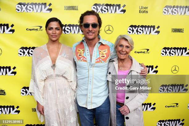Camila Alves, Matthew McConaughey and Kay McConaughey attend the premiere of "The Beach Bum" at the Paramount Theatre during the SXSW Conference And...