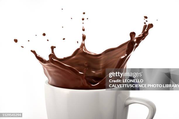 ilustraciones, imágenes clip art, dibujos animados e iconos de stock de cup with dark chocolate splash, illustration - chocolate liquido