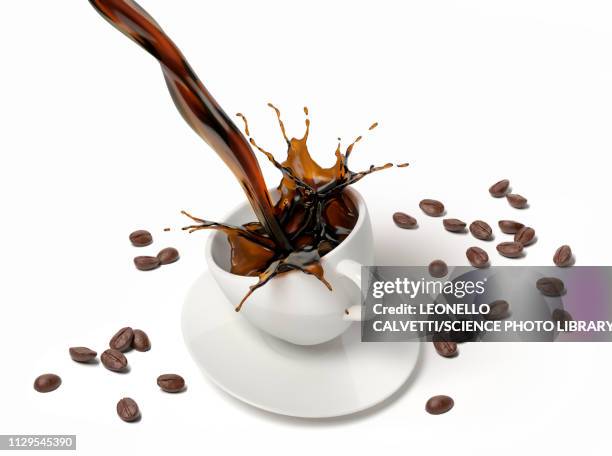 coffee pouring into a cup on saucer, illustration - coffee splash stock illustrations