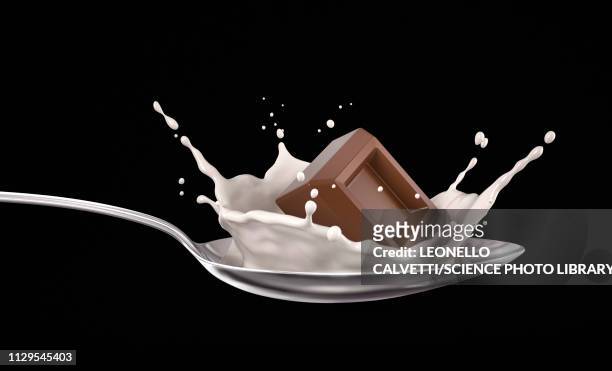 chocolate cube splash in milk on spoon, illustration - milk stock-grafiken, -clipart, -cartoons und -symbole