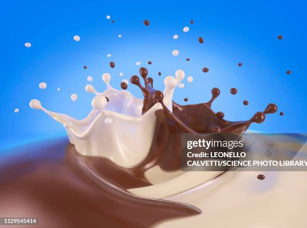 double crown splash of milk and chocolate, illustration - close up of chocolates for sale stock pictures, royalty-free photos & images