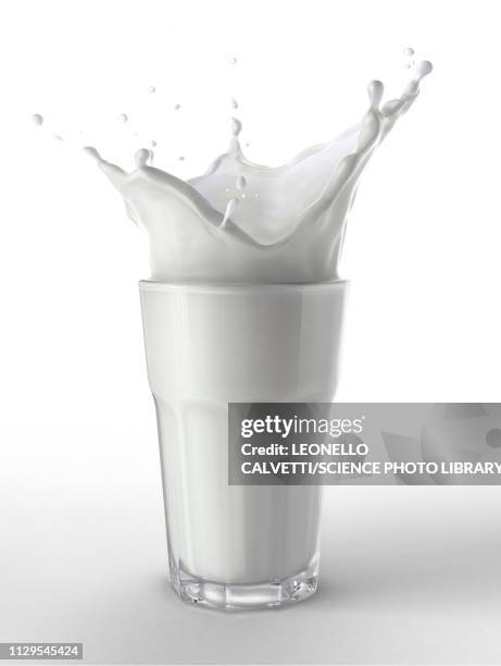 illustrazioni stock, clip art, cartoni animati e icone di tendenza di glass full of fresh milk with splash, illustration - primissimo piano
