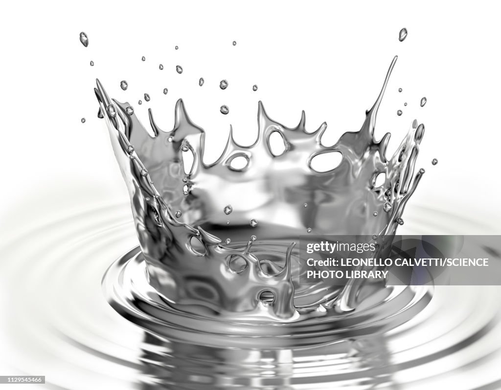 Liquid metal crown splash with ripples, illustration