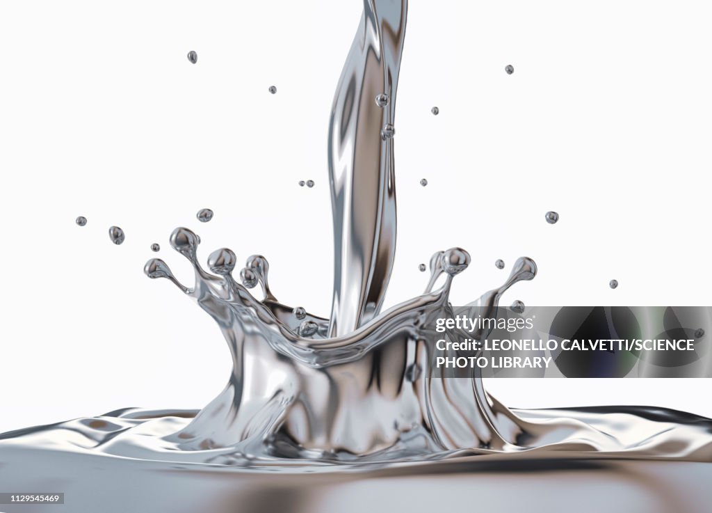 Liquid silver metal pouring with Crown splash, illustration