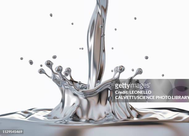 liquid silver metal pouring with crown splash, illustration - chrom stock illustrations