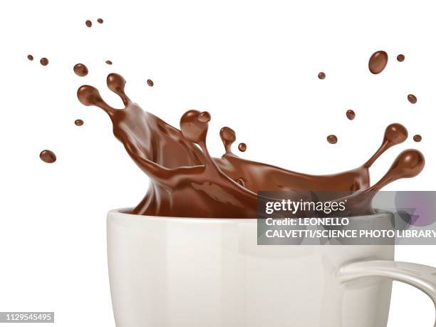 cup with liquid chocolate splash, illustration - chocolate smoothie white background stock illustrations