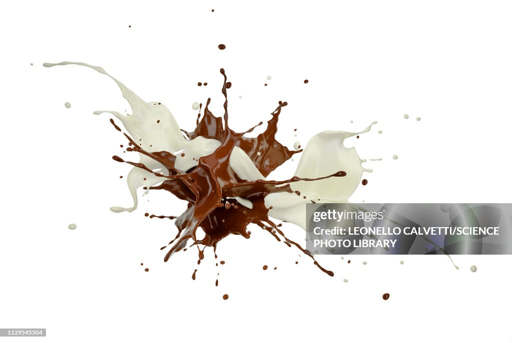 Milk and chocolate splashing against each other, illustratio