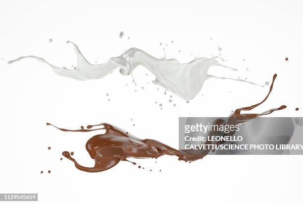milk and chocolate splashes in the air, illustration - liquid chocolate stock illustrations