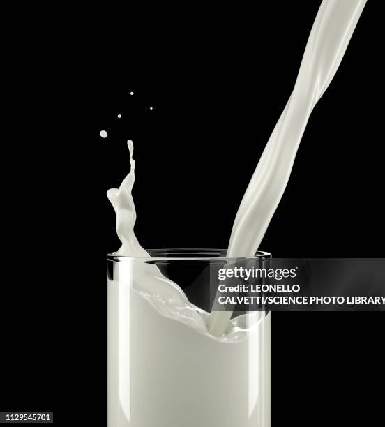 pouring milk into a glass with small splash, illustration - glass of milk stock pictures, royalty-free photos & images