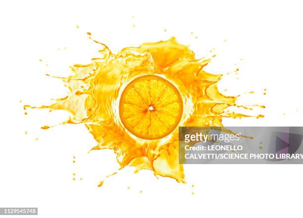 splash with orange slice, illustration - liquid explosion stock pictures, royalty-free photos & images