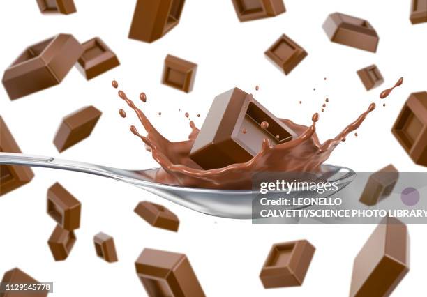 stockillustraties, clipart, cartoons en iconen met chocolate cubes with one splashing in spoon, illustration - chocolade