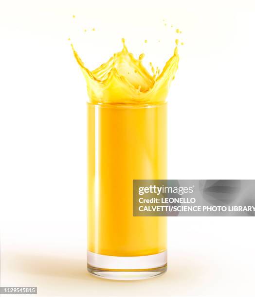 stockillustraties, clipart, cartoons en iconen met glass full of orange juice with splash, illustration - splash jus d'orange