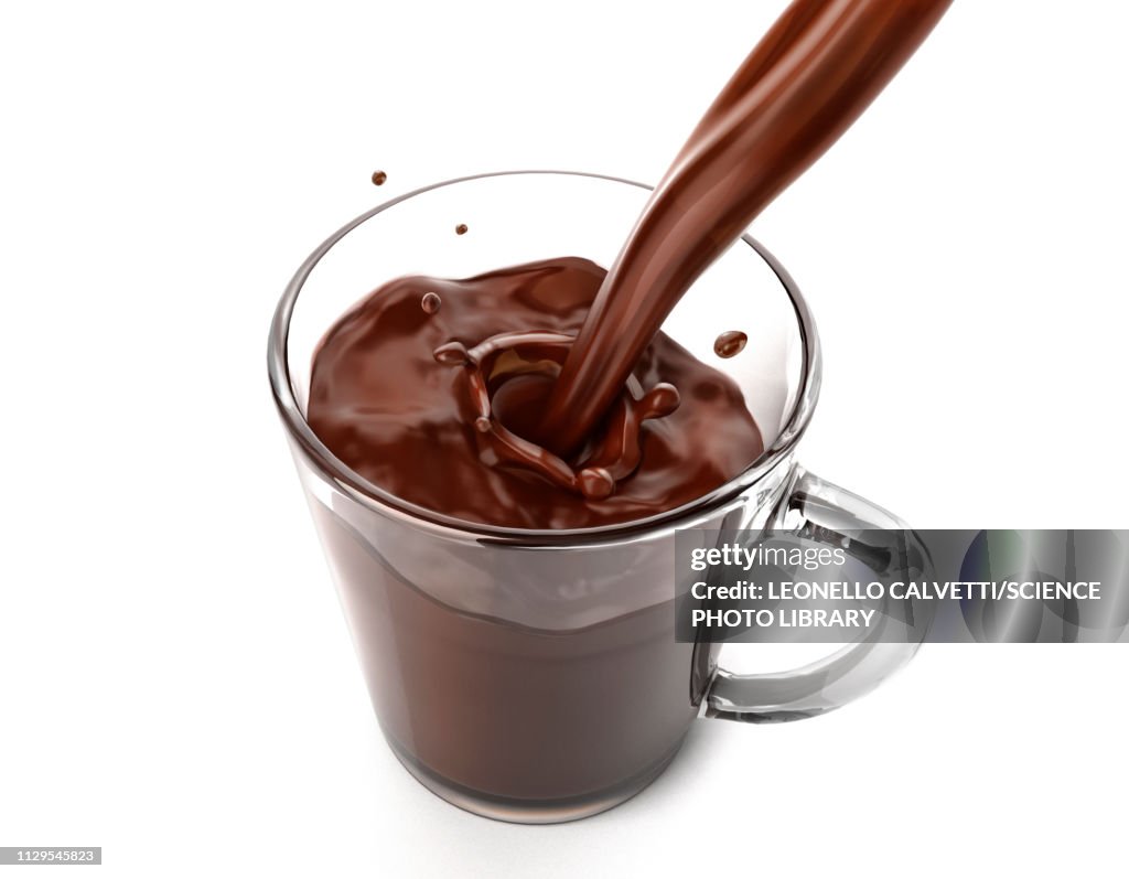 Liquid chocolate pouring into a glass mug, illustration
