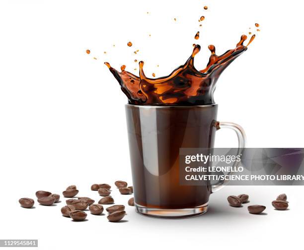 glass mug with coffee splash and coffee beans, illustration - cafeïne stockfoto's en -beelden