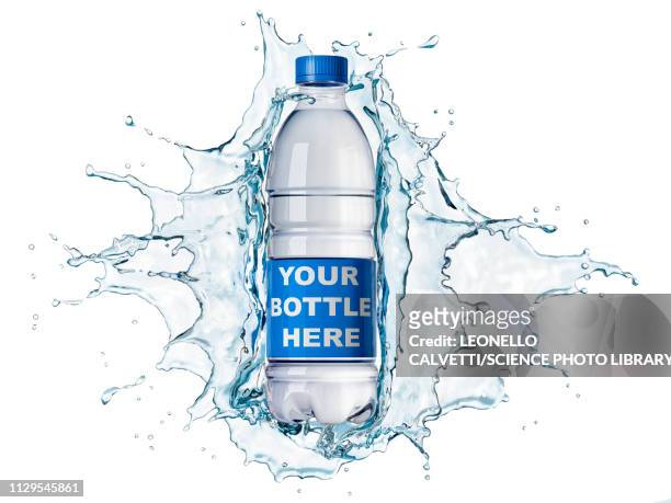 illustrazioni stock, clip art, cartoni animati e icone di tendenza di splash of clear water with water bottle, illustration - schizzo