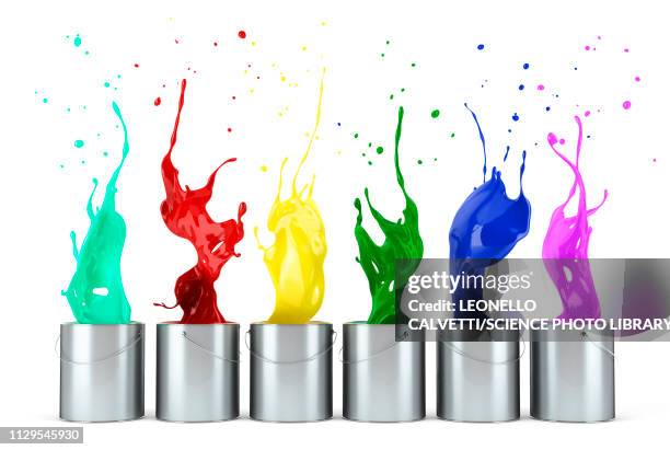 multicolour paints splashing out of tins, illustration - yellow studio background stock illustrations