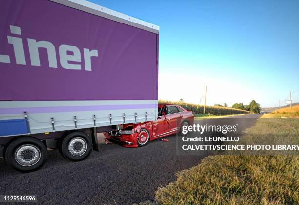 car crashed under truck, illustration - graphic car accidents stock illustrations