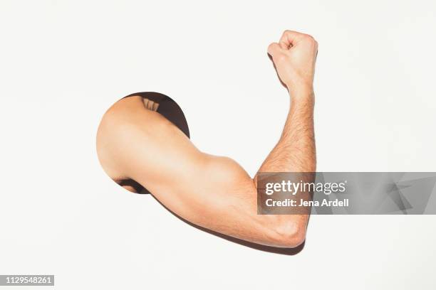 body builder, strong man, fitness man, weight lifter, muscles, man flexing arm - bicep stock-fotos und bilder