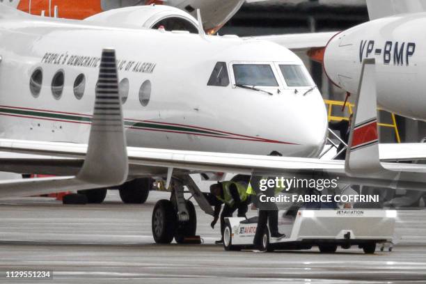 The Algerian government plane that transported the country's ailing president Abdelaziz Bouteflika to Switzerland is pictured on the tarmac after...