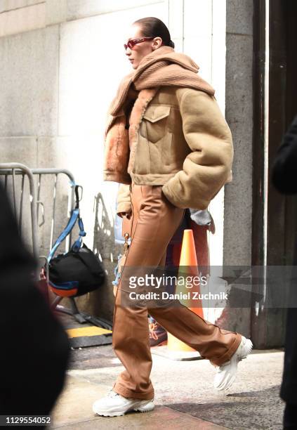 Bella Hadid is seen outside the Michael Kors show during New York Fashion Week: Fall/Winter 2019 on February 13, 2019 in New York City.