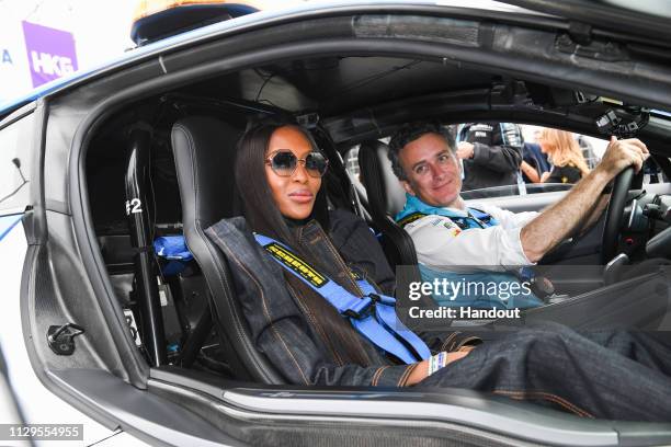 Model Naomi Campbell on a hot lap with Alejandro Agag, CEO, Formula E in the BMW i8 Safety car on March 10, 2019 in Hong Kong, Hong Kong.