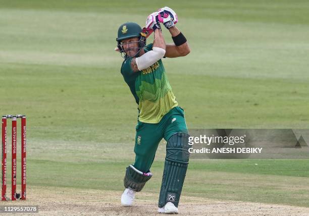 South Africa's Faf du Plessis plays a shot during the third one day international cricket match between South Africa and Sri Lanka at The Kingsmead...