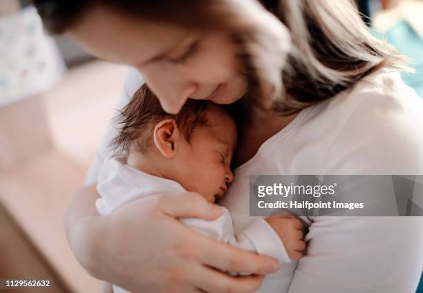 a close-up of a mother holding a newborn baby son at home. - baby and mother fotografías e imágenes de stock
