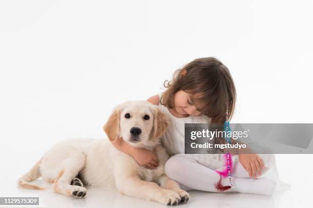 glückliches mädchen wit seinem hund - labrador white background stock-fotos und bilder