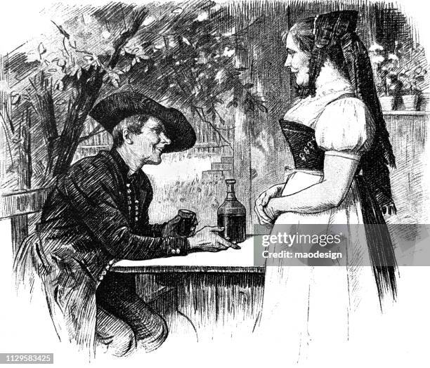 flirt in the garden - 1896 - backyard enjoyment stock illustrations