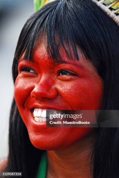 laughing and cheerful indigenous native woman from brazil. - ceremonial dancing stock pictures, royalty-free photos & images