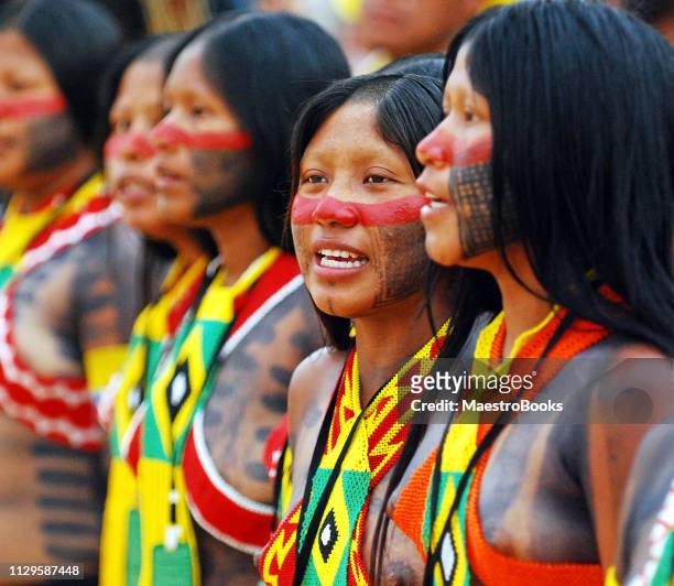 group of natives young women from kayapo tribe in brazil - kayapo stock pictures, royalty-free photos & images