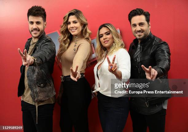 Miriam Rodriguez , Antonio Jose , David Bustamante and Karol G attend "La Voz" photocall on February 13, 2019 in Madrid, Spain.