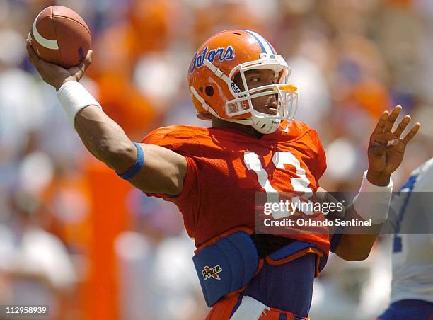 Florida quarterback Cameron Newton throws during the Orange and Blue Game at Florida Field in Gainesville, Florida, on Saturday, April 14, 2007.