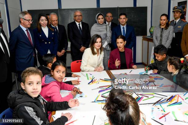Queen Letizia of Spain and Lalla Meryem of Morocco visit the “Escuela de la Segunda Oportunidad” center on February 14, 2019 in Rabat, Morocco.