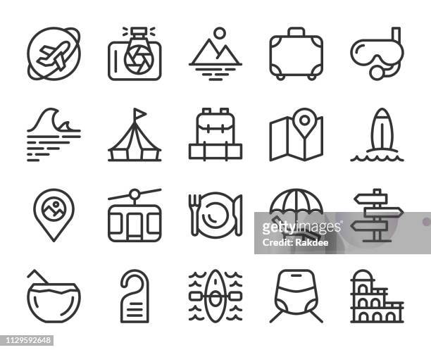 stockillustraties, clipart, cartoons en iconen met reizen - lijn pictogrammen - parasol