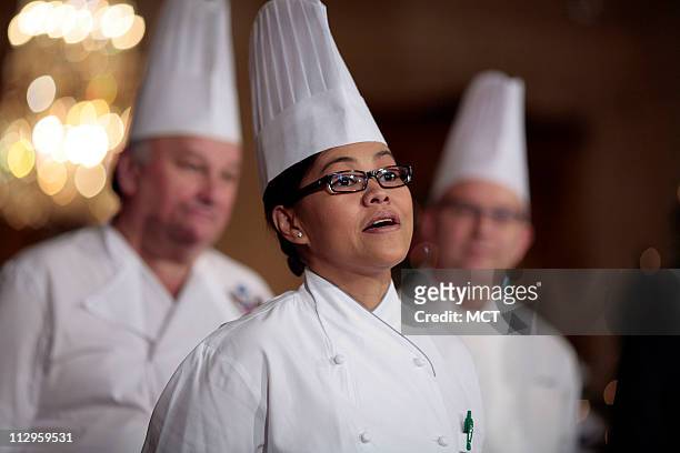 Executive Chef Cristeta Comerford speaks in the East Room during a media preview of the 2006 holiday decorations at the White House in Washington,...