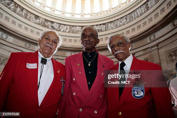 Leo Gray, Eldridge Williams and Richared Rutledge attend the Tuskeegee Airmen Congressional Gold Medal ceremony in the U.S. Capitol Rotunda in...