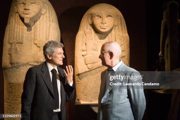 Alain Elkann, President, Egyptian Museum Of Turin, Wilbur Smith, writer, Museo Egizio, Museum, Sphinx, Statue, Antiquity, portrait, Milano, Italy,...